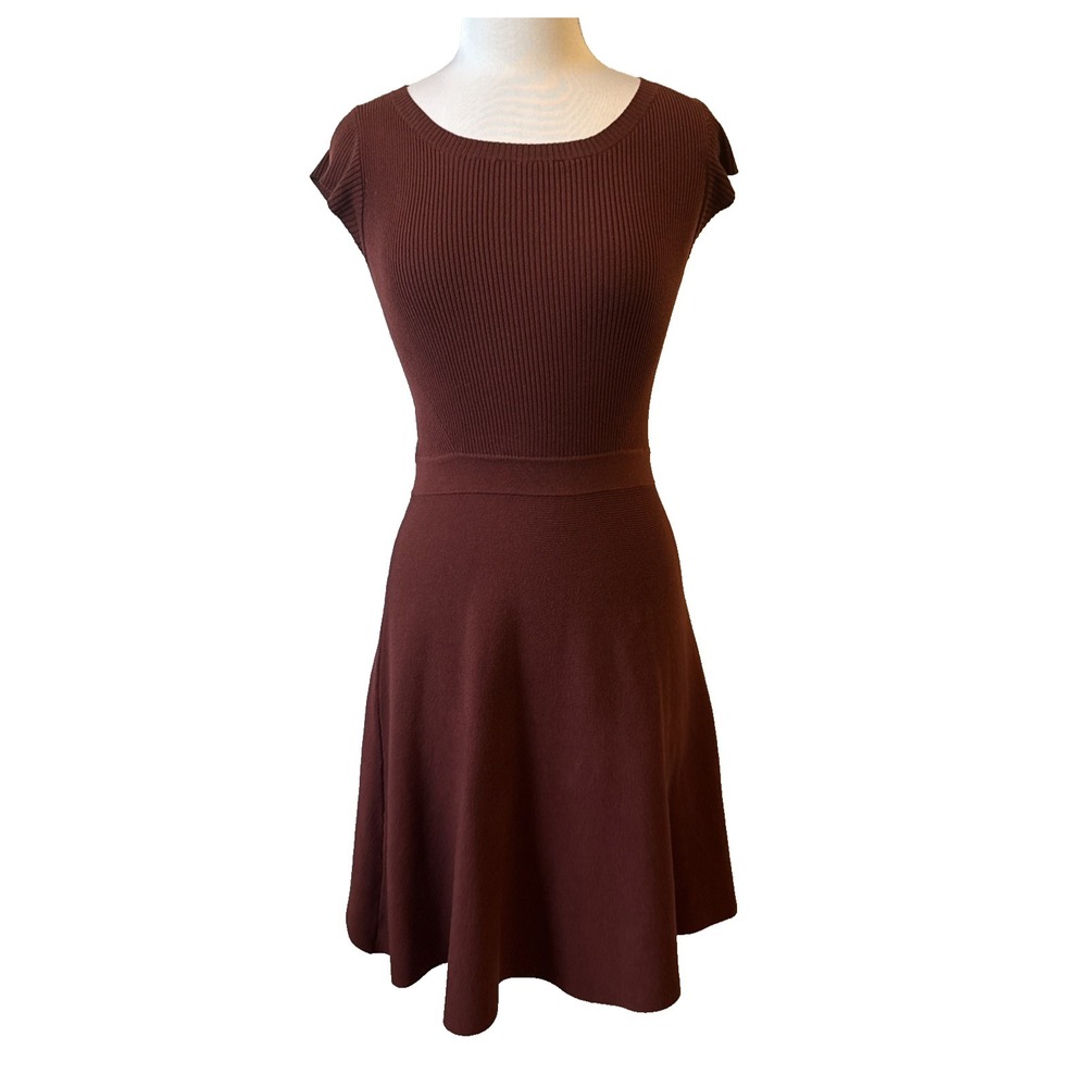 Mossino Rust Red Ribbed Knit Short Sleeve Sweater Fit & Flare Dress M‎ Boho Chic